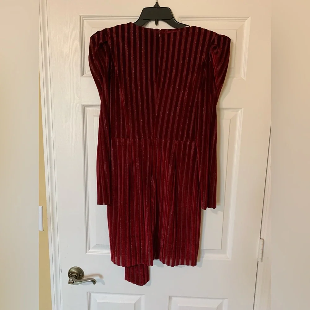 Layered With Love Yasmeen Puff Sleeve V-Neck Shadow Stripe Red Velvet Mini Dress